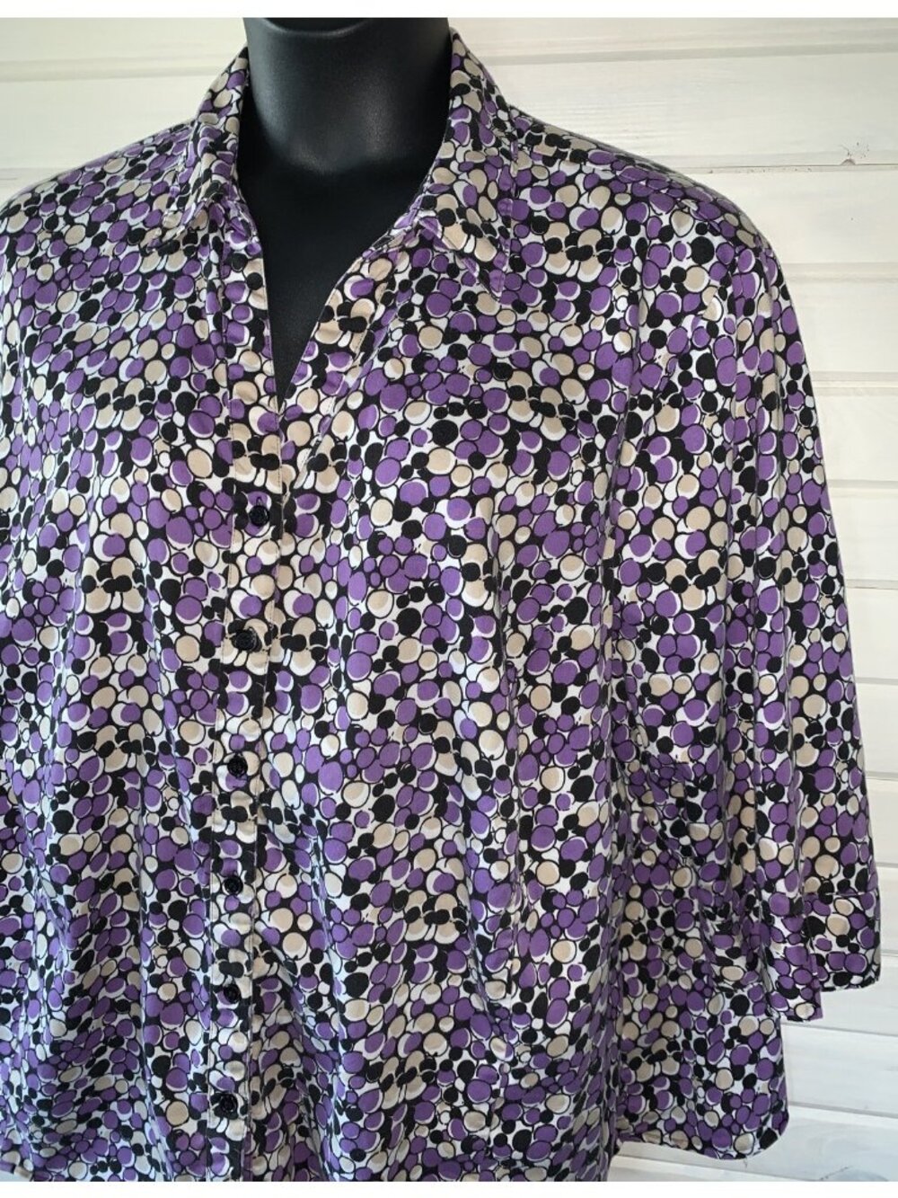 Maggie Barnes Sz ?? See Meas PLUS Top Blouse Black Purple Dot Print Collared